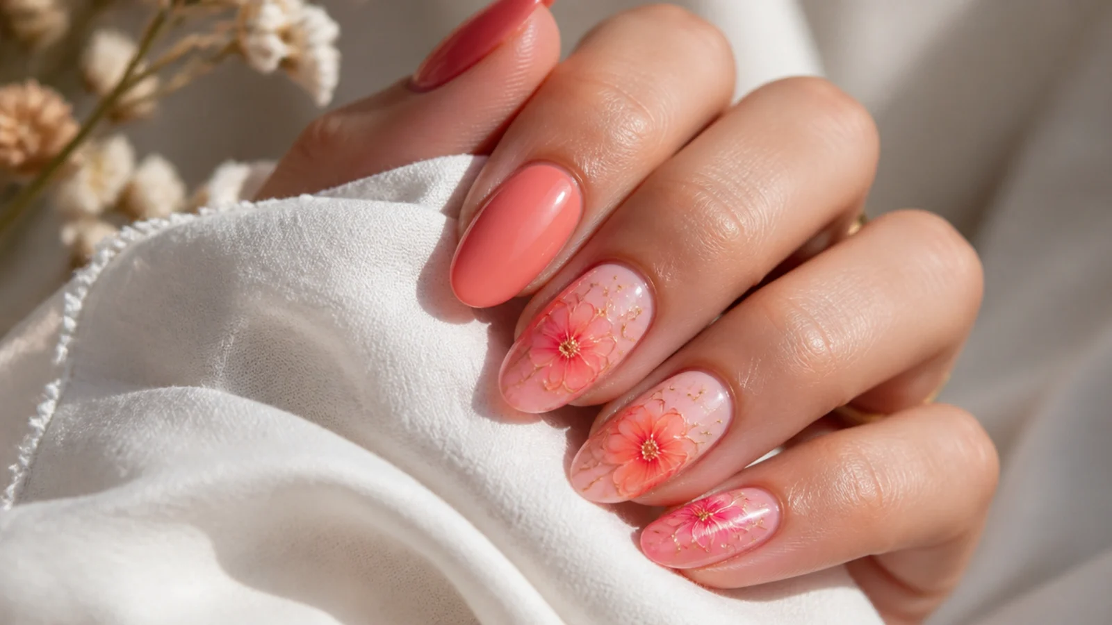 Coral and warm pink sunset bloom blooming gel nails