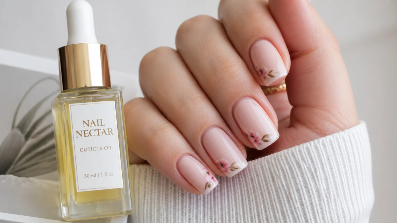 Cuticle oil beside a fresh pink blooming gel manicure