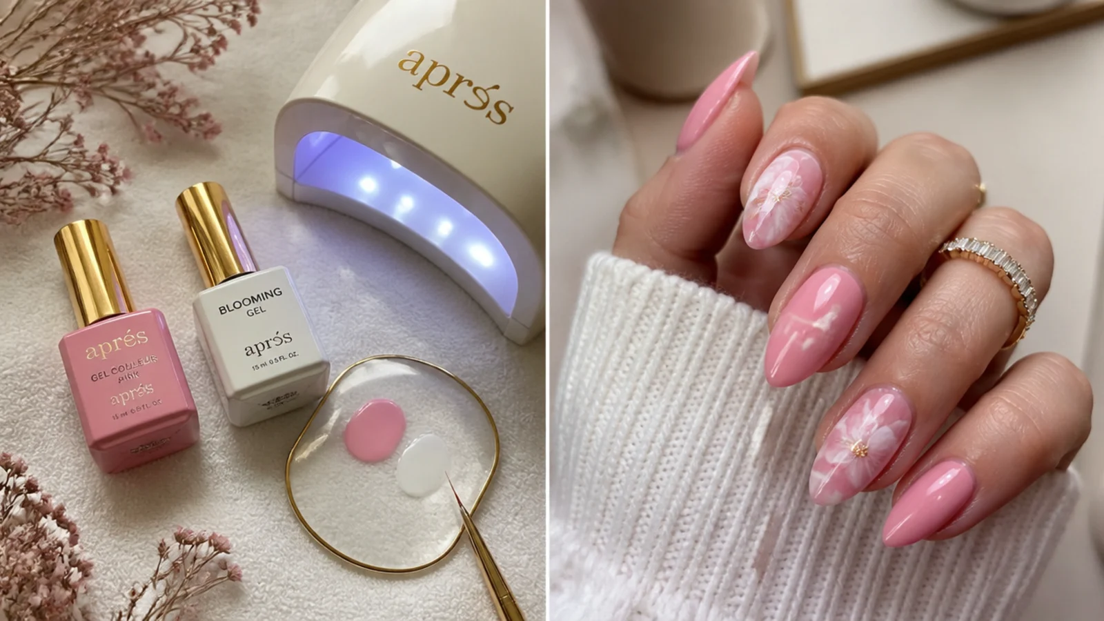 Flat lay of pink gel, blooming gel and a lamp for a home manicure