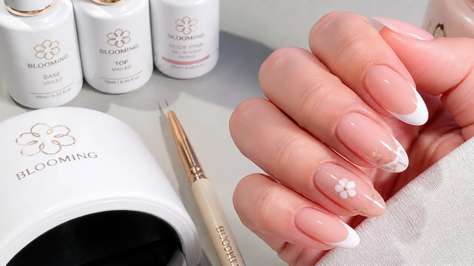 Blooming gel supplies including gel polish, lamp and detail brush
