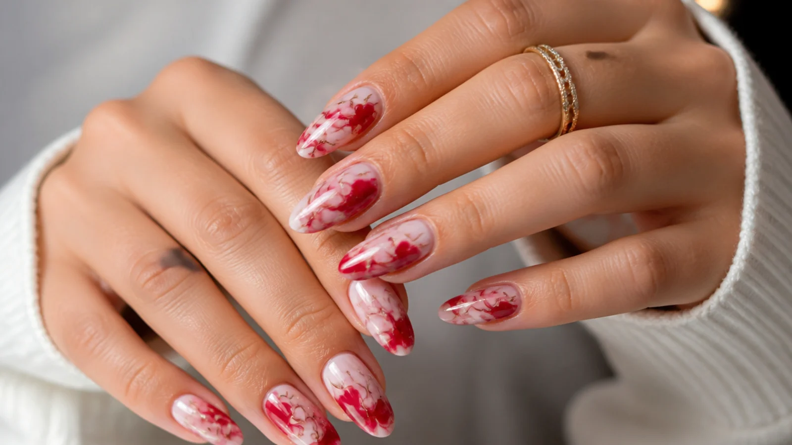 Cherry red and white marble blooming gel nails with veined swirls