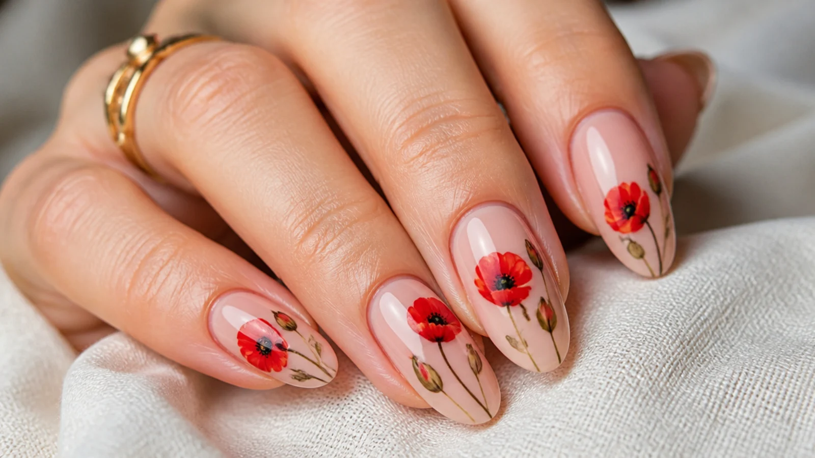 Ruby red poppy flowers blooming across nude blooming gel nails