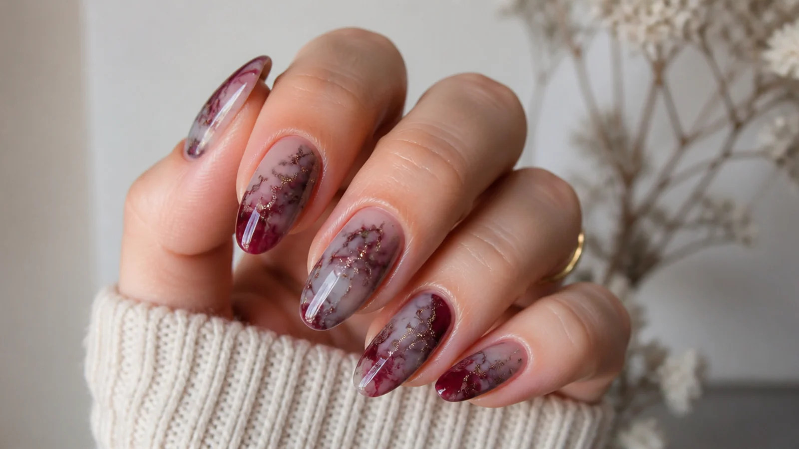 Burgundy and gray smoke marble blooming gel nails