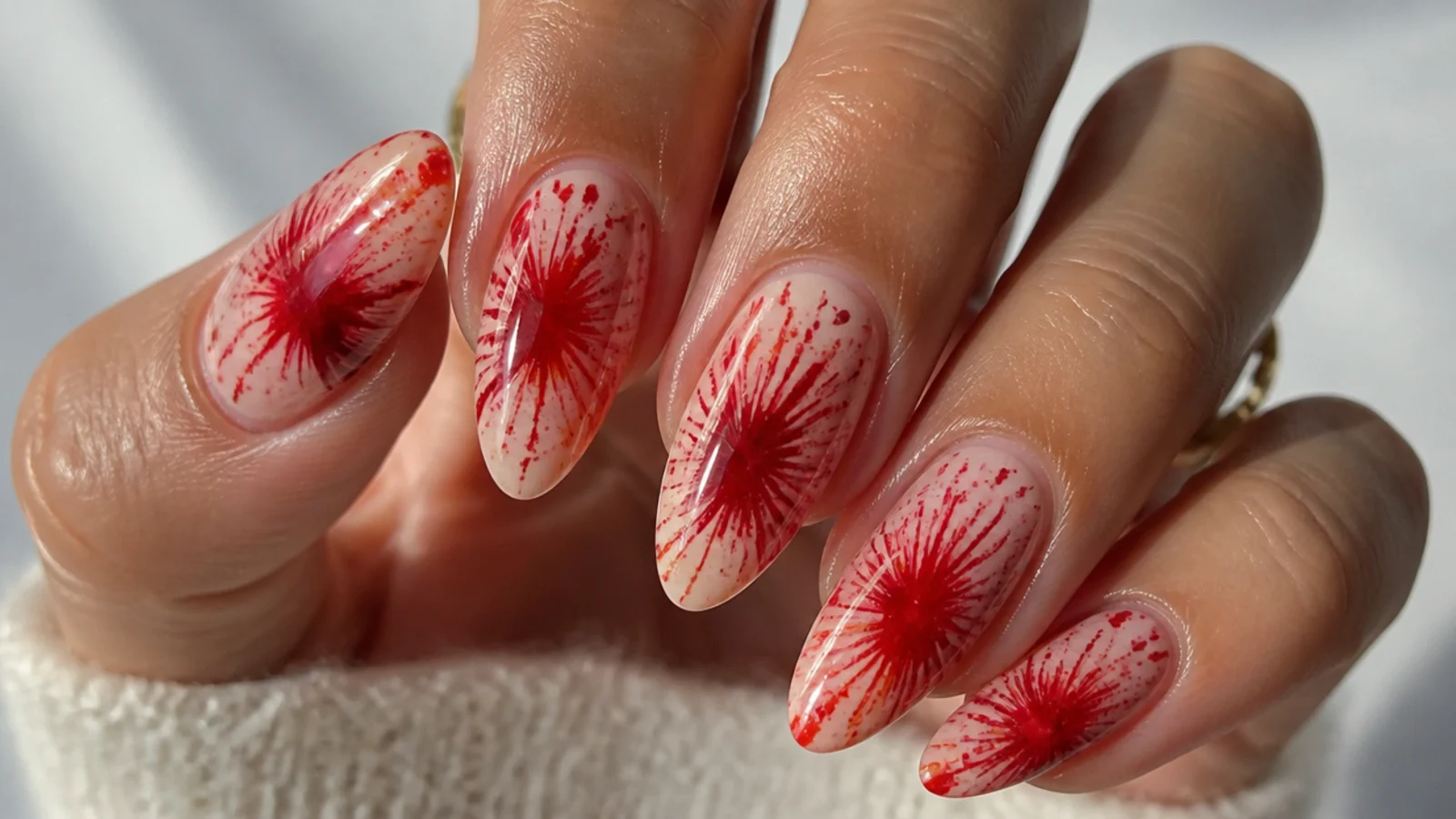 Fire red splatter blooming gel nails with soft speckled bursts