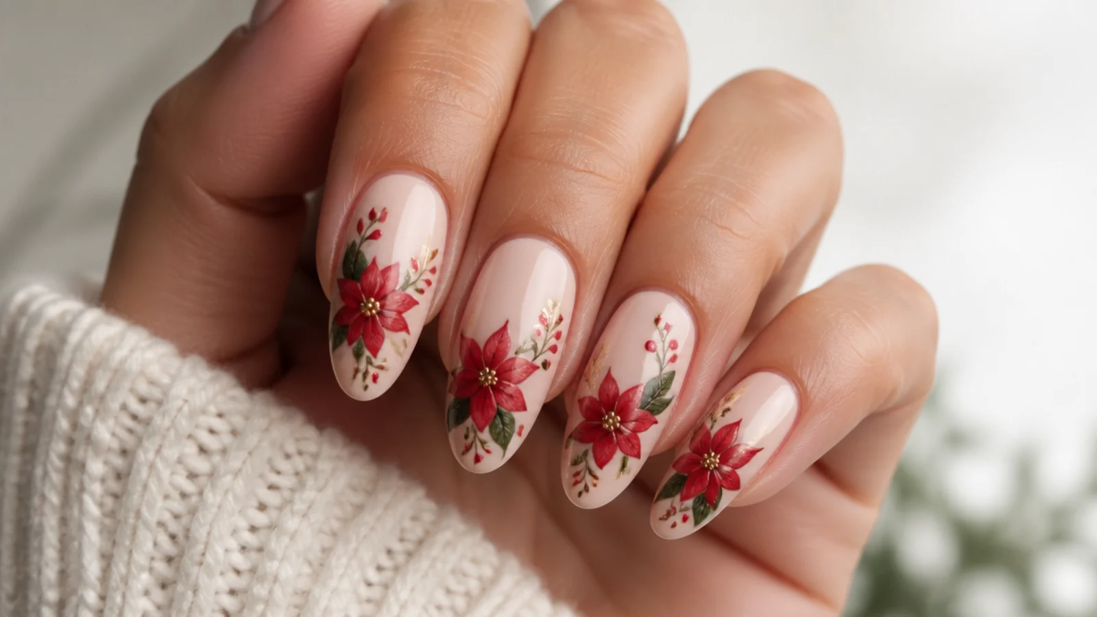 Red poinsettia flowers blooming on nude gel nails for the holidays