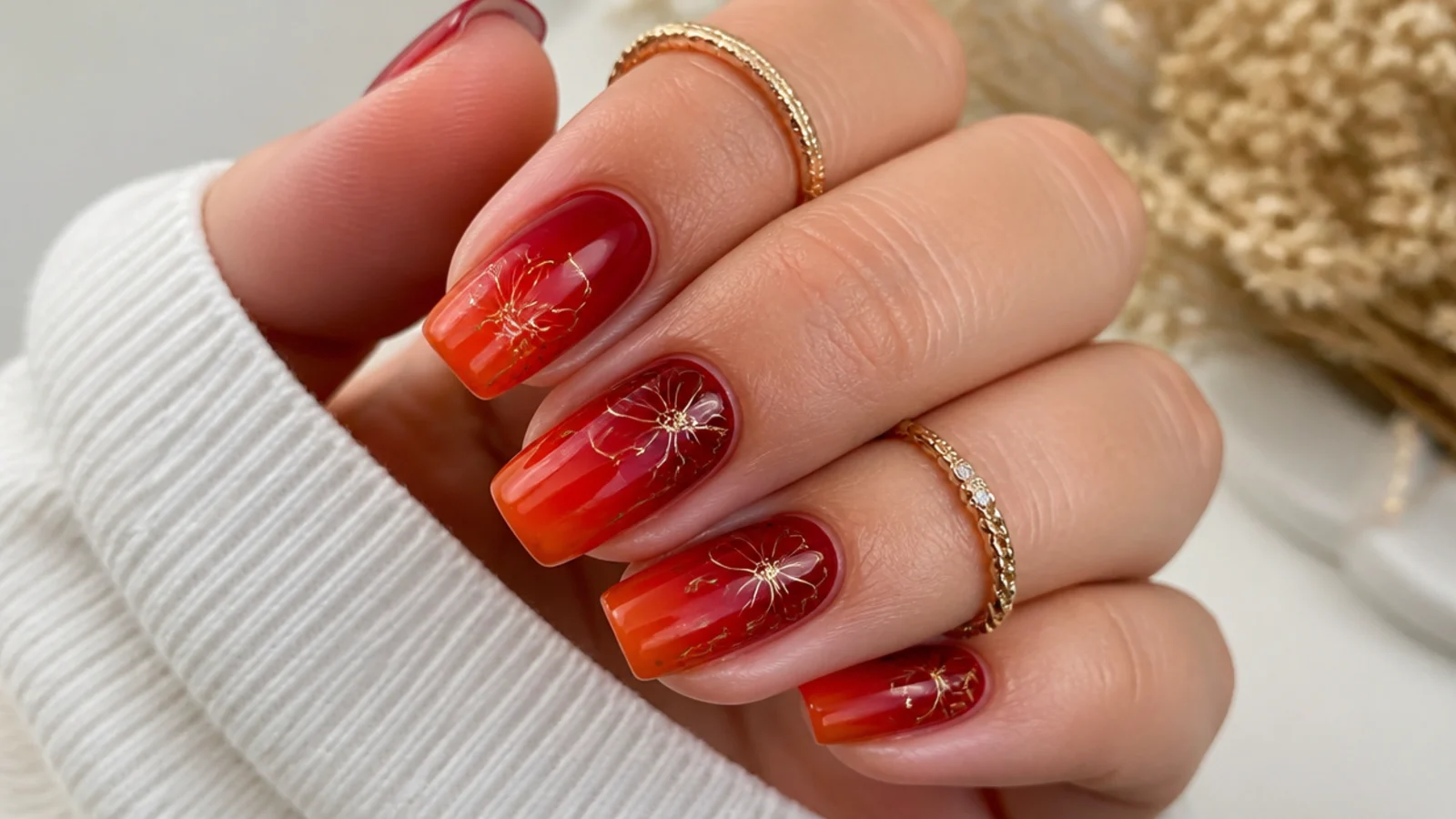 Blood orange to deep red blooming gel nails with a warm fade