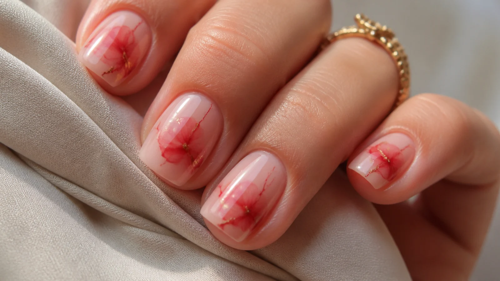 Short square nails with a soft red watercolor bloom over a nude base