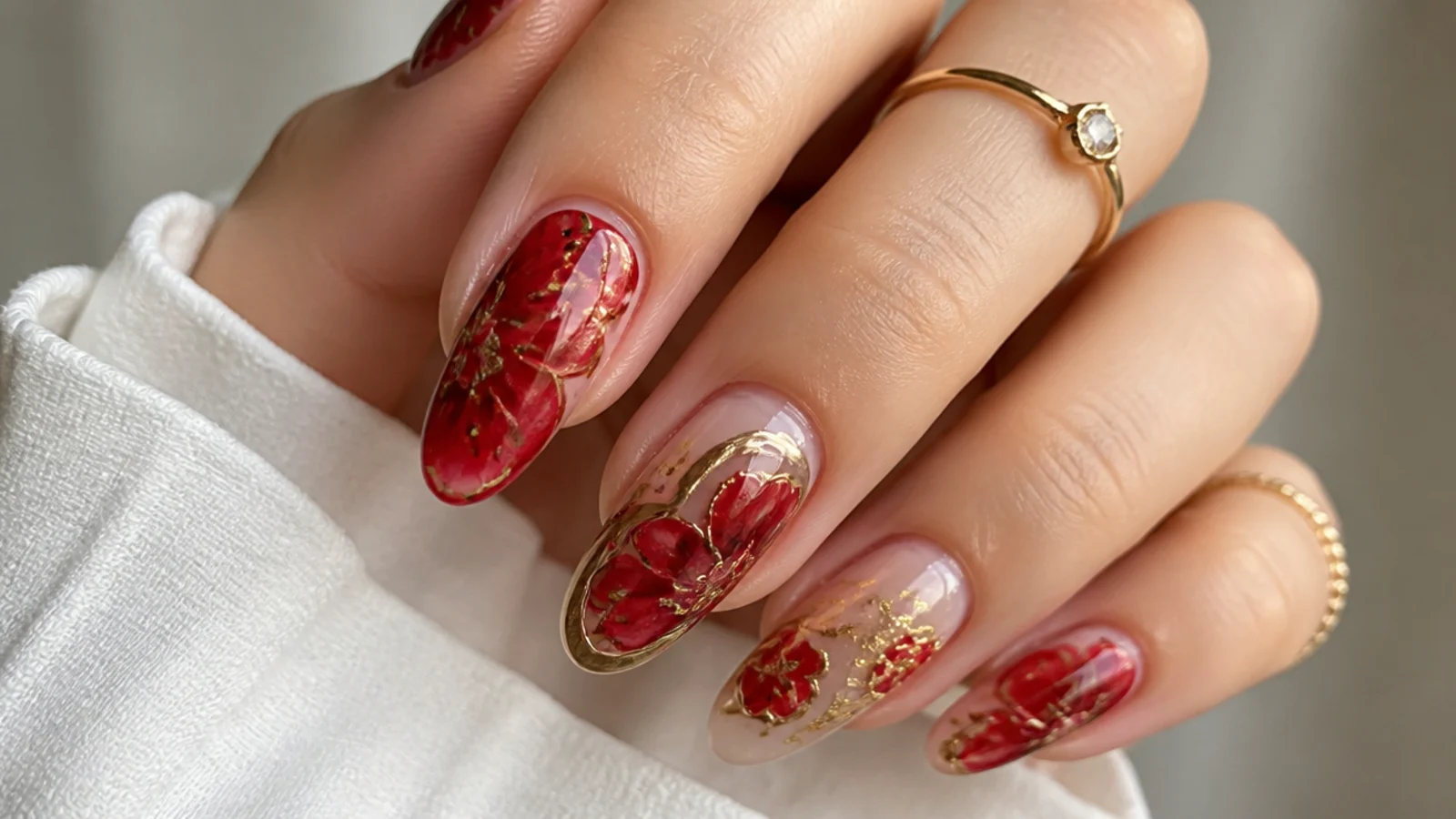 Glam red blooming gel nails with gold flakes and chrome accents