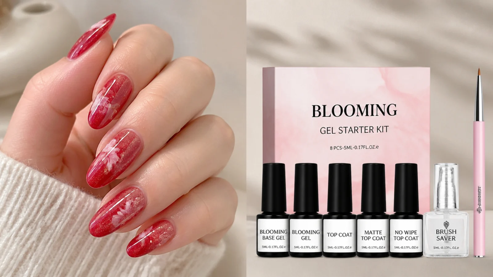 A red blooming gel manicure alongside a DIY blooming gel starter kit