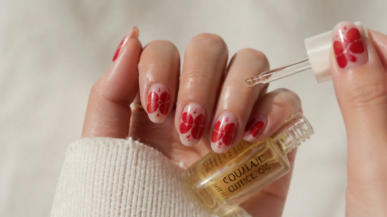 Cuticle oil being applied to maintain red blooming gel nails