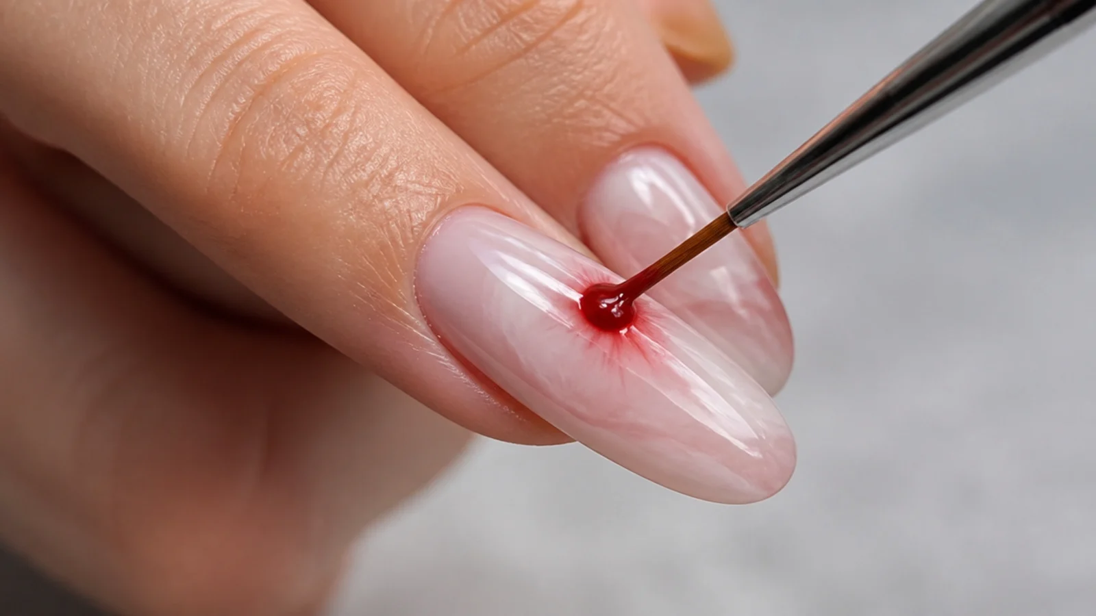 Red gel color being dropped onto an uncured blooming gel layer with a detail brush
