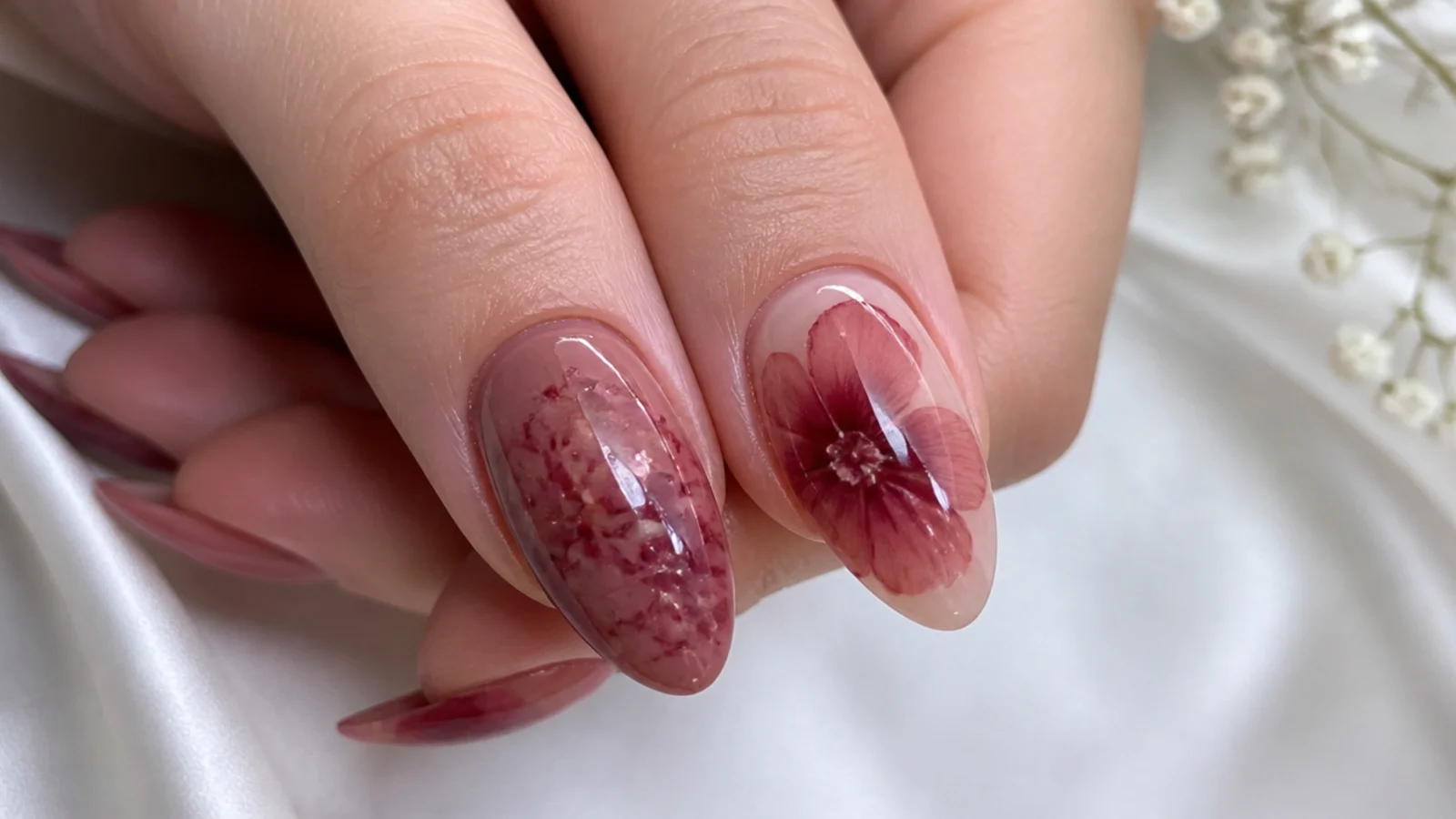 A muddy over-flooded red blooming gel nail next to a clean bloomed one