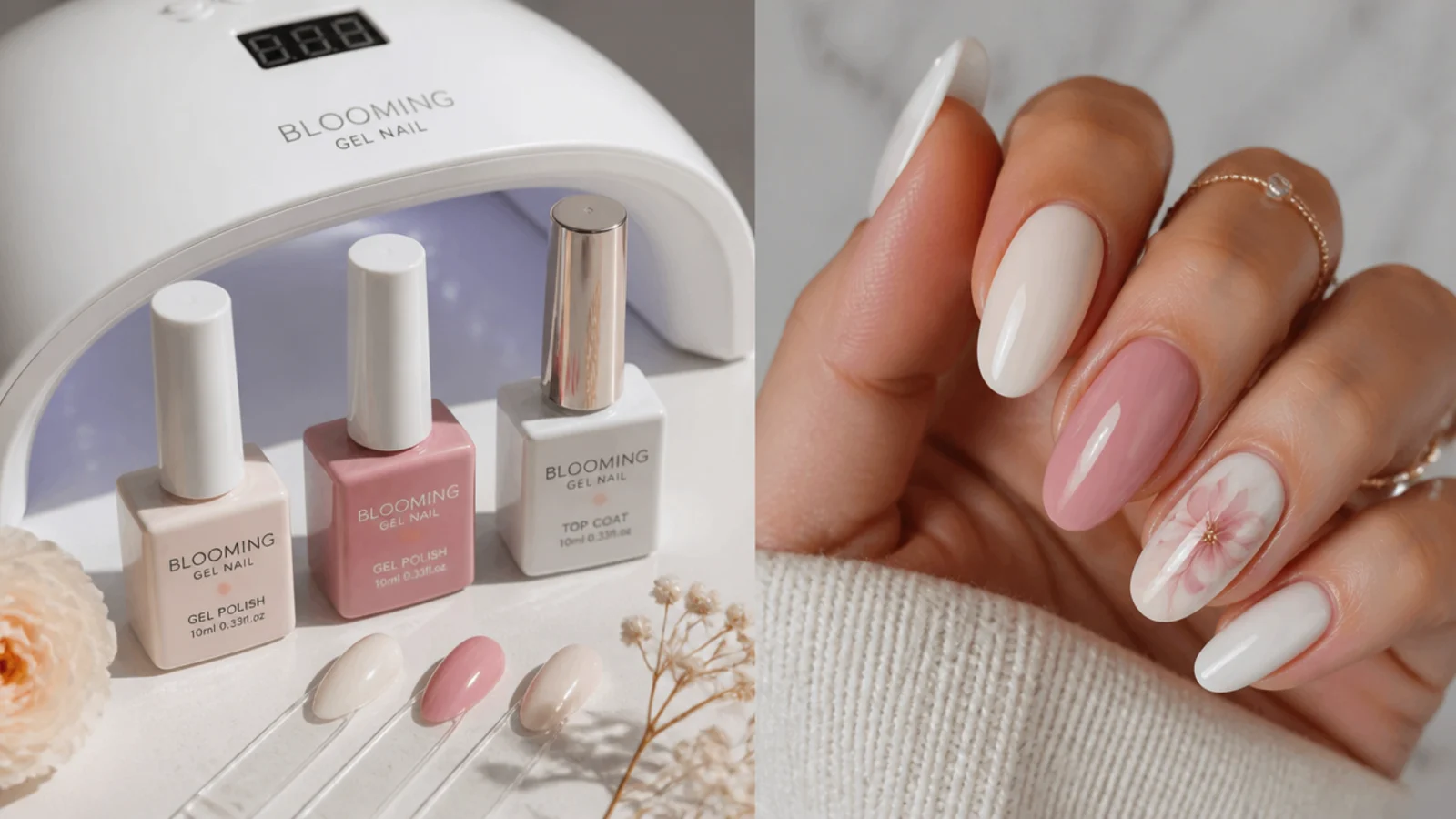 Blooming gel nail supplies laid out including gel polish, top coat and an LED lamp