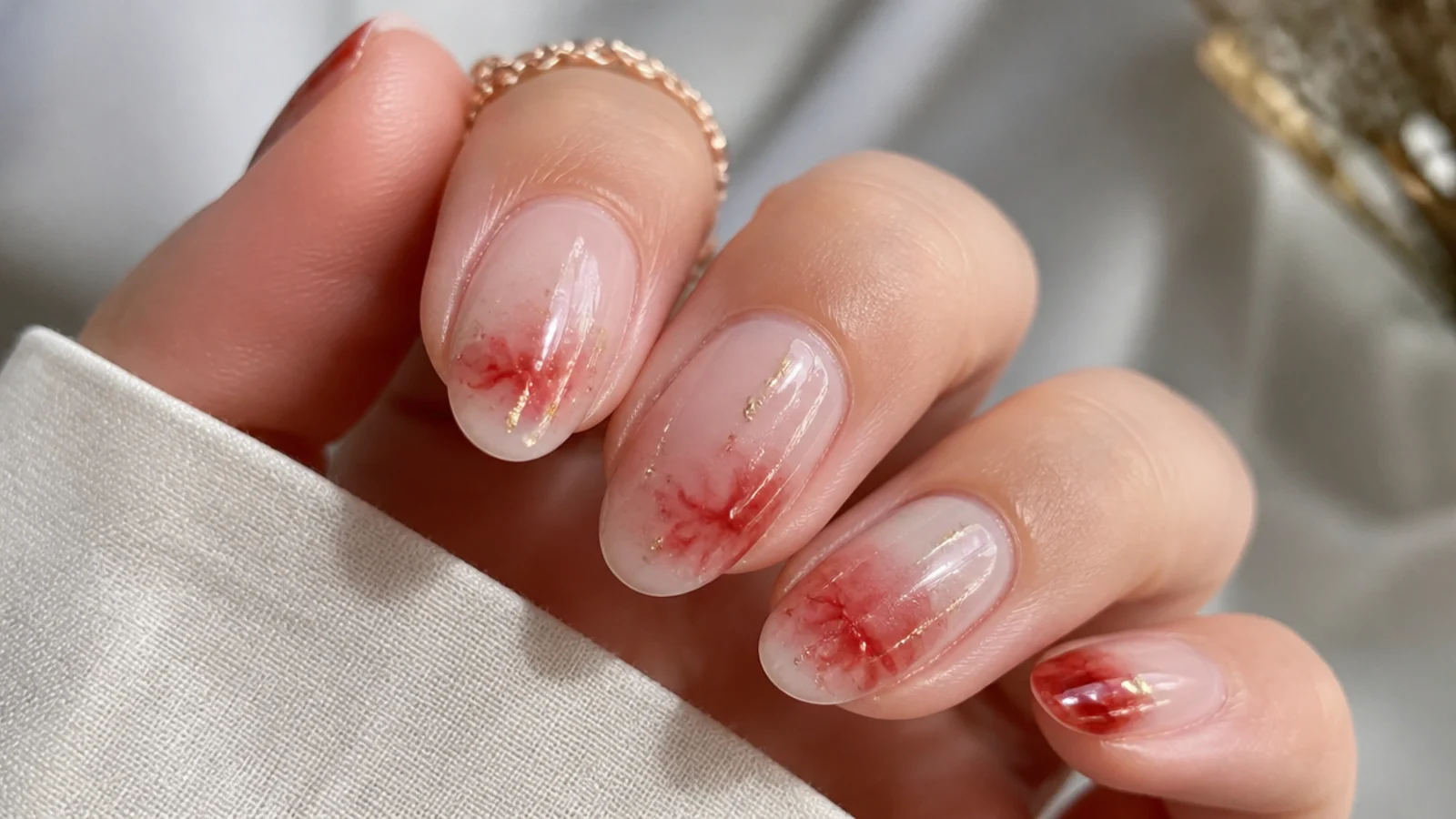 Clear blooming gel spreading red color into a soft watercolor pattern on a nail