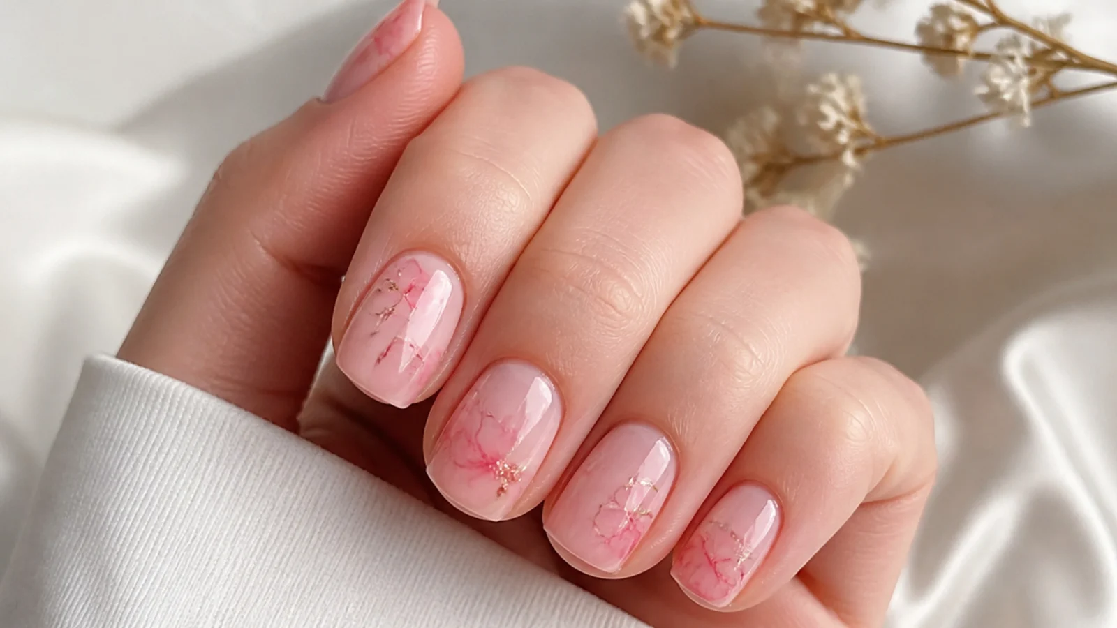Short squoval nails with a soft pink watercolor bloom