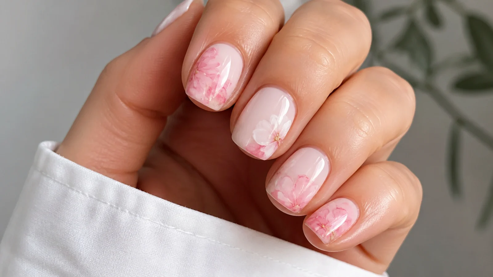 Short nails with soft watercolor peony petals in pink and white
