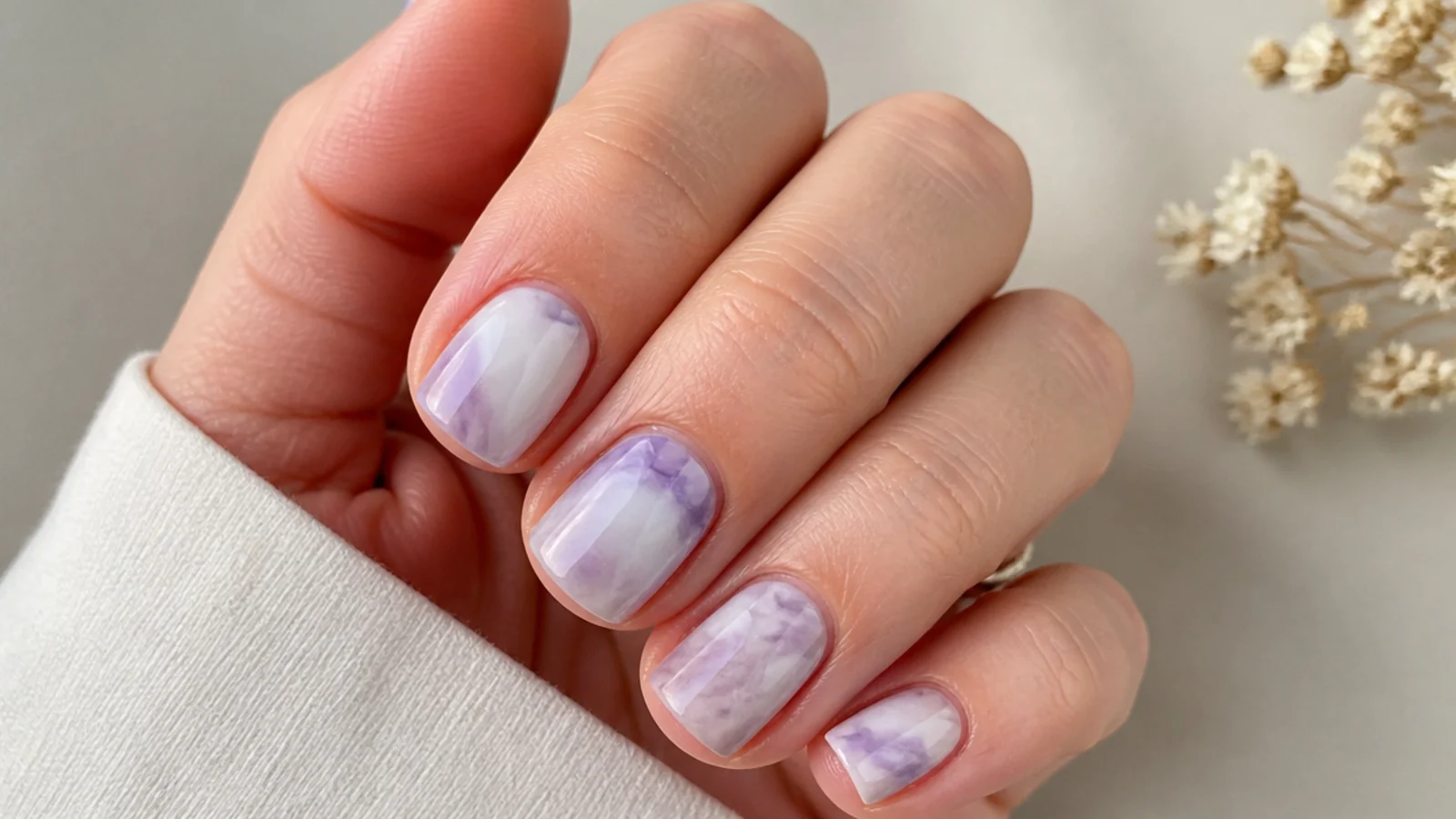 Short nails with a soft lilac and white marble pattern