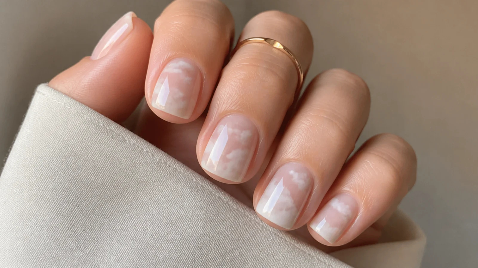 Short nails with a milky white cloud bloom on a sheer base