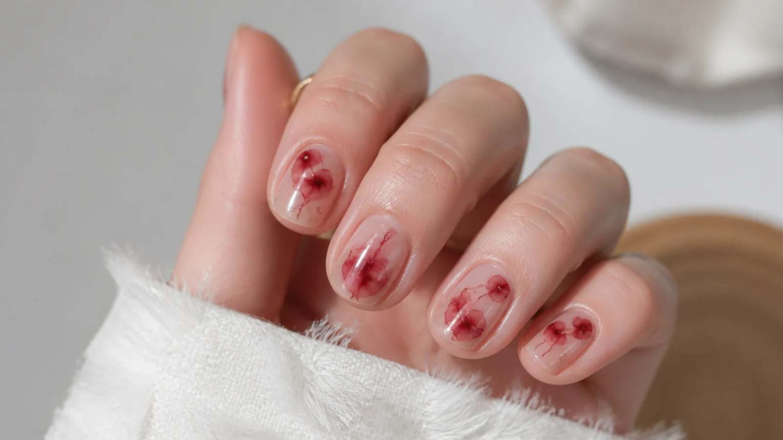 Short nails with a cherry red ink bloom on a clear base