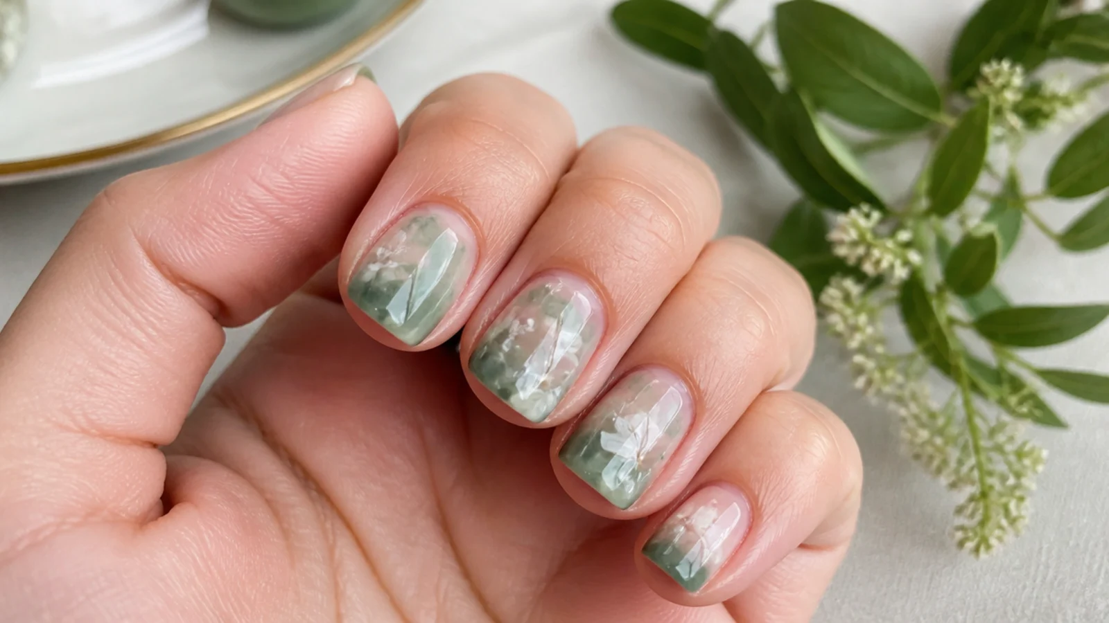 Short nails with a soft sage green floral wash