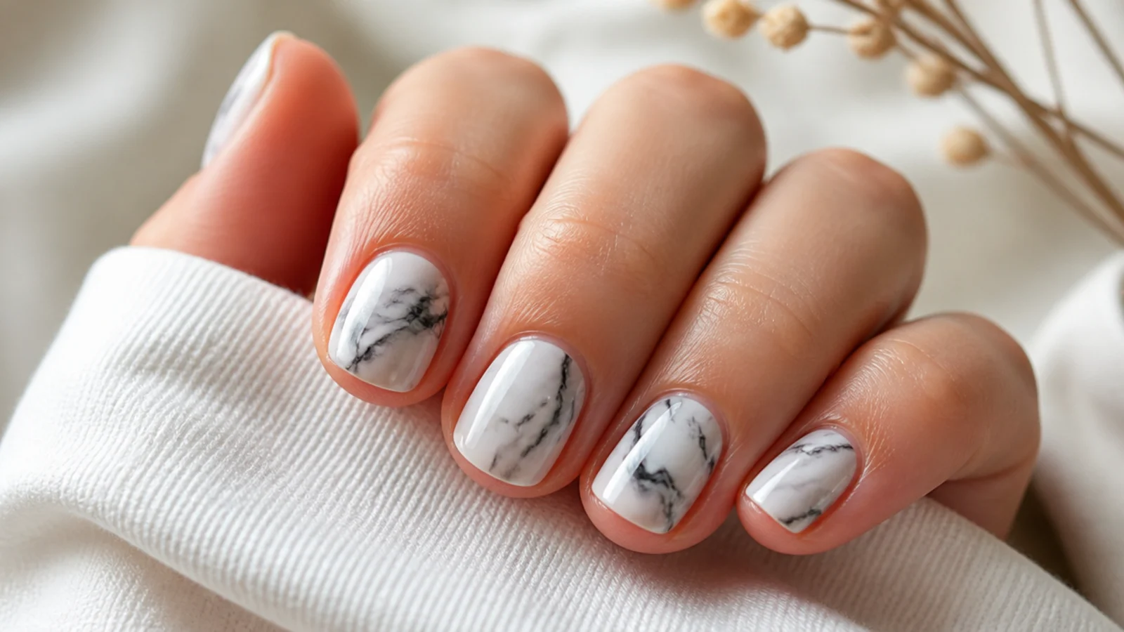 Short nails with a black ink marble on a white base