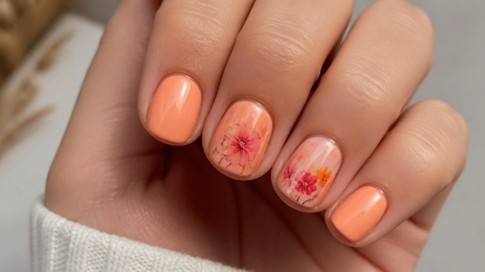 Short nails with a peach and coral sunset bloom