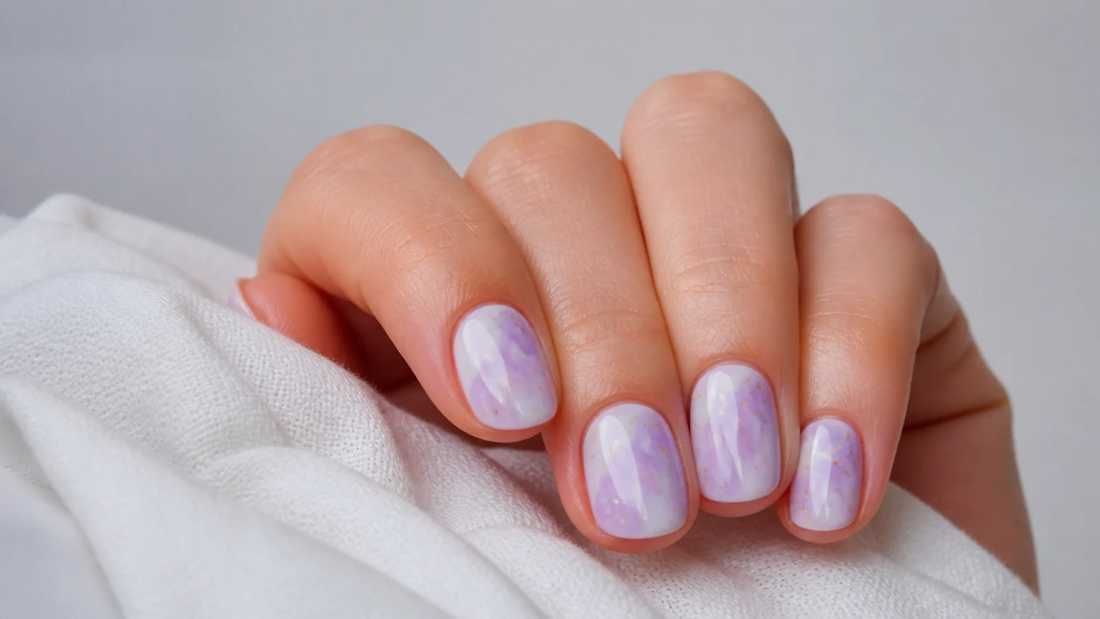 Short nails with a soft lavender and white tie-dye