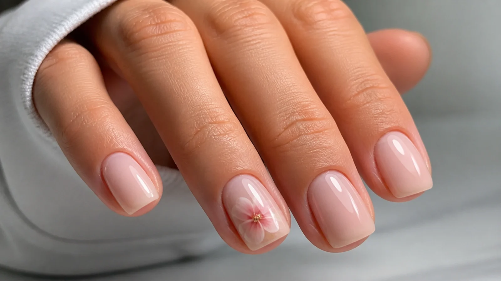 Short nude nails with one soft blooming gel flower accent