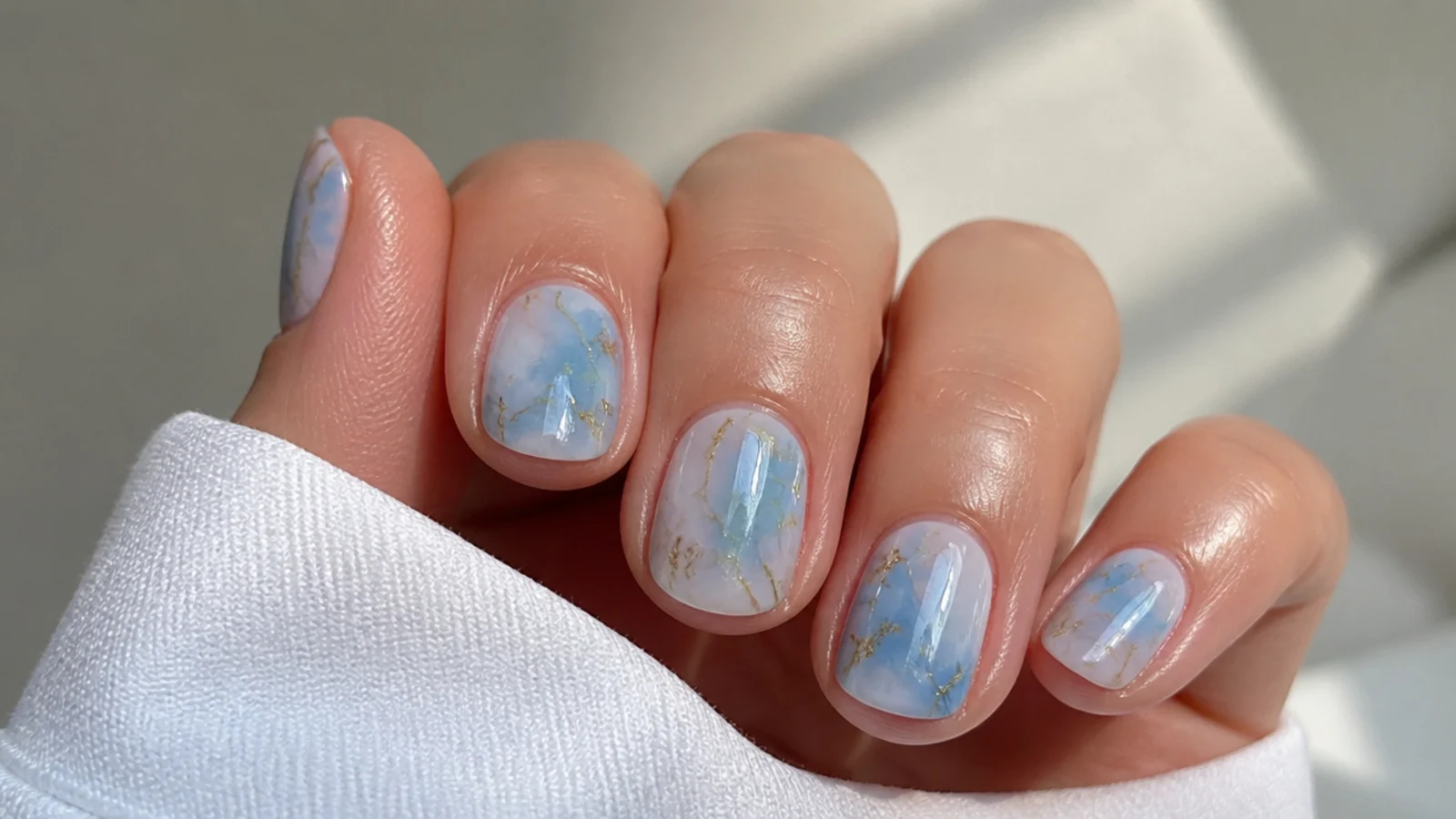 Short nails with a dusty blue watercolor marble