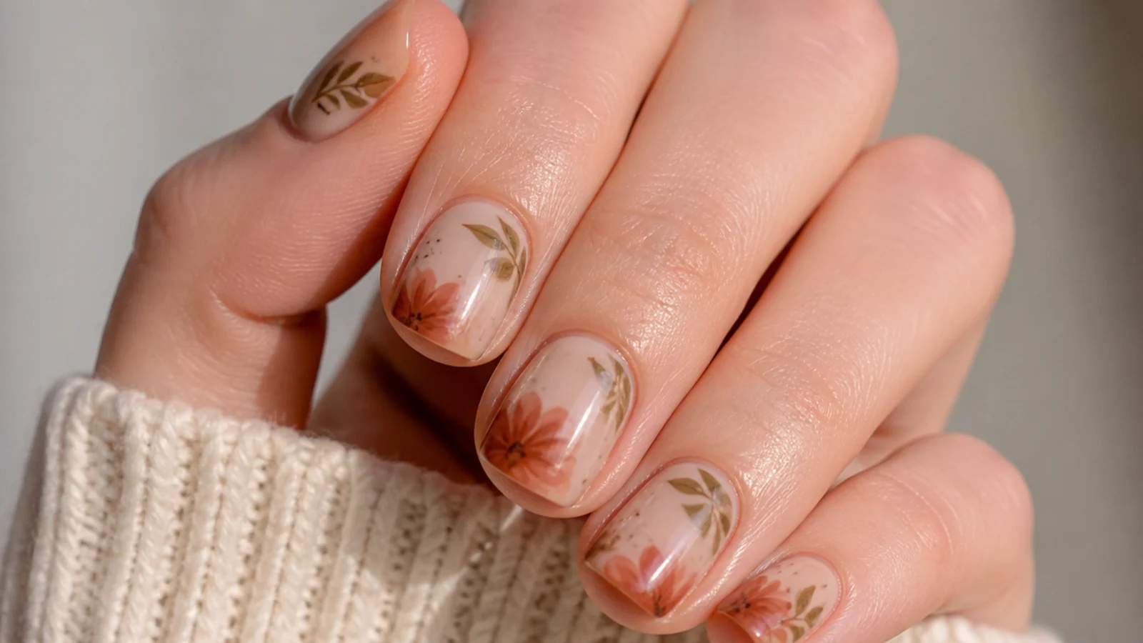 Short nails with a warm terracotta earth-toned bloom