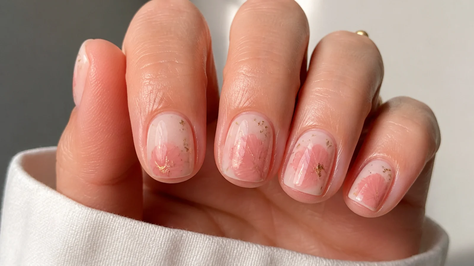 Short nails with a soft bloom and delicate gold fleck accents
