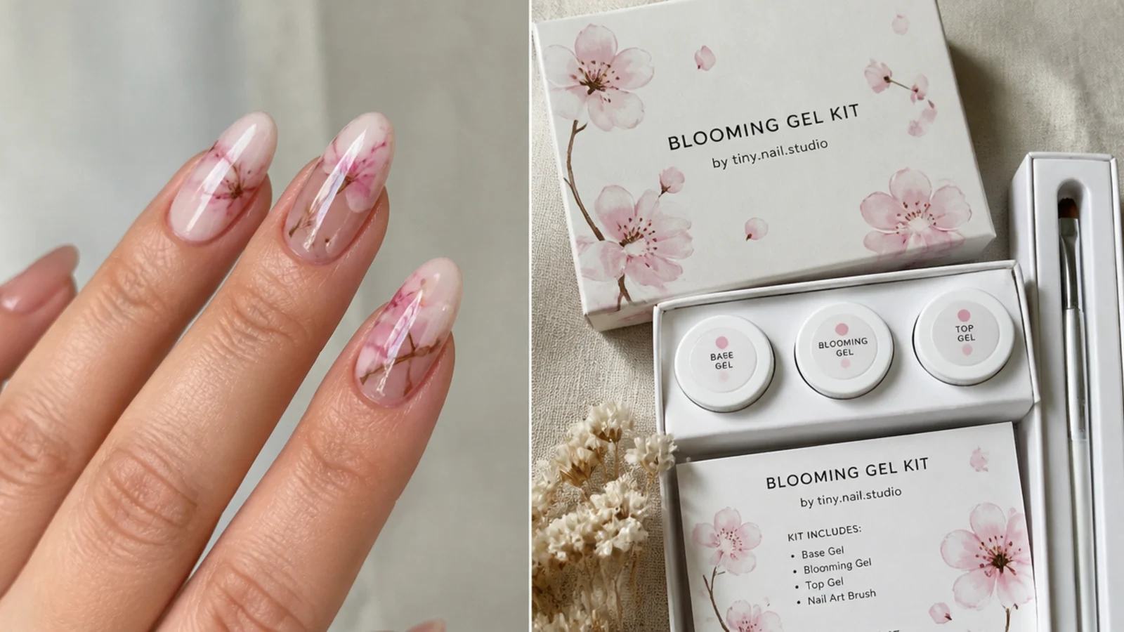 A salon gel manicure beside an at-home blooming gel kit