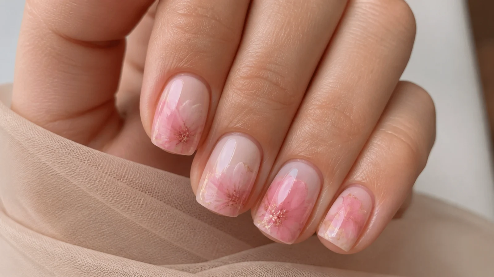 Short blooming gel nails with a soft watercolor floral bloom on a squoval shape