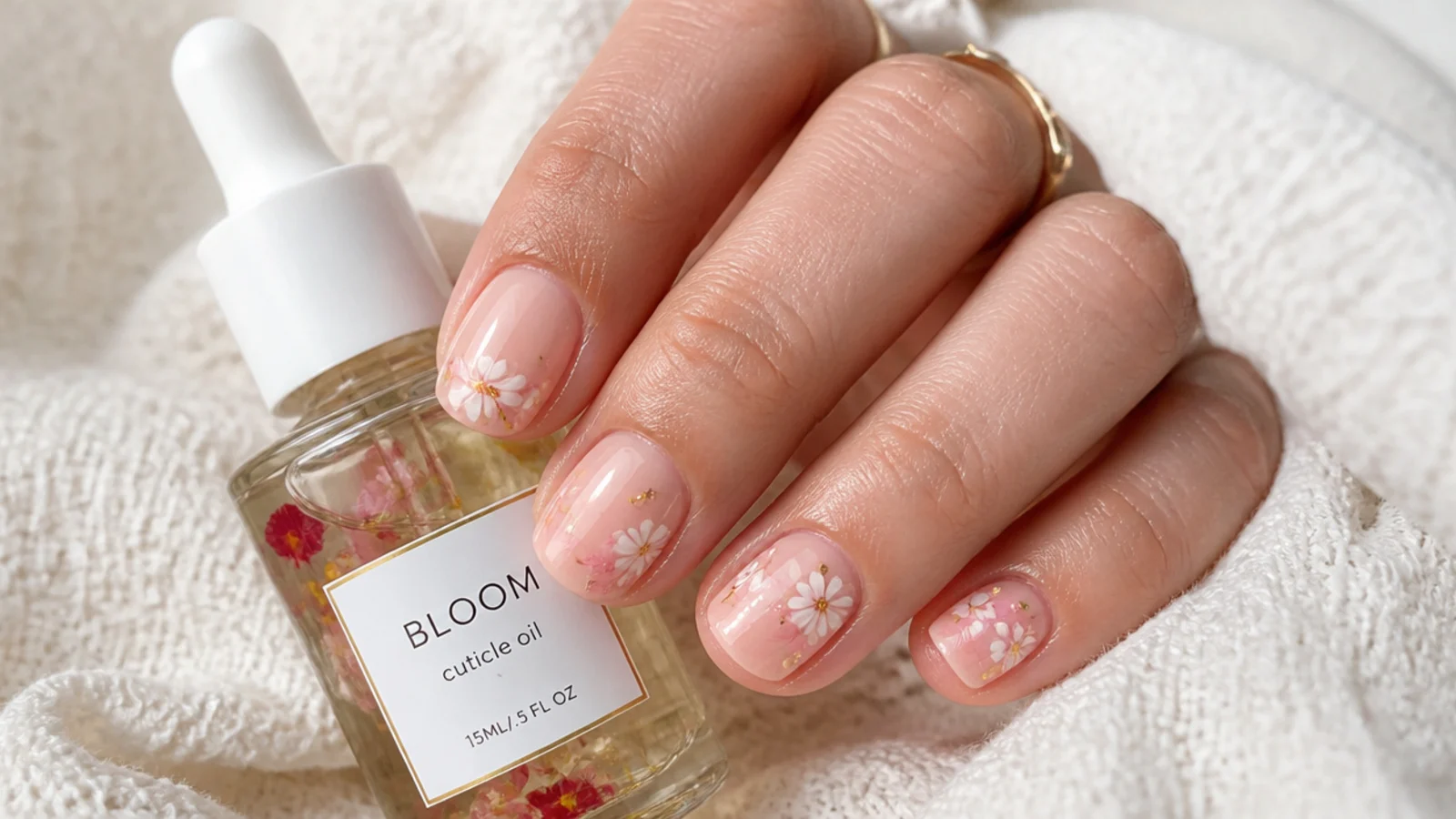 Cuticle oil beside a fresh short blooming gel manicure