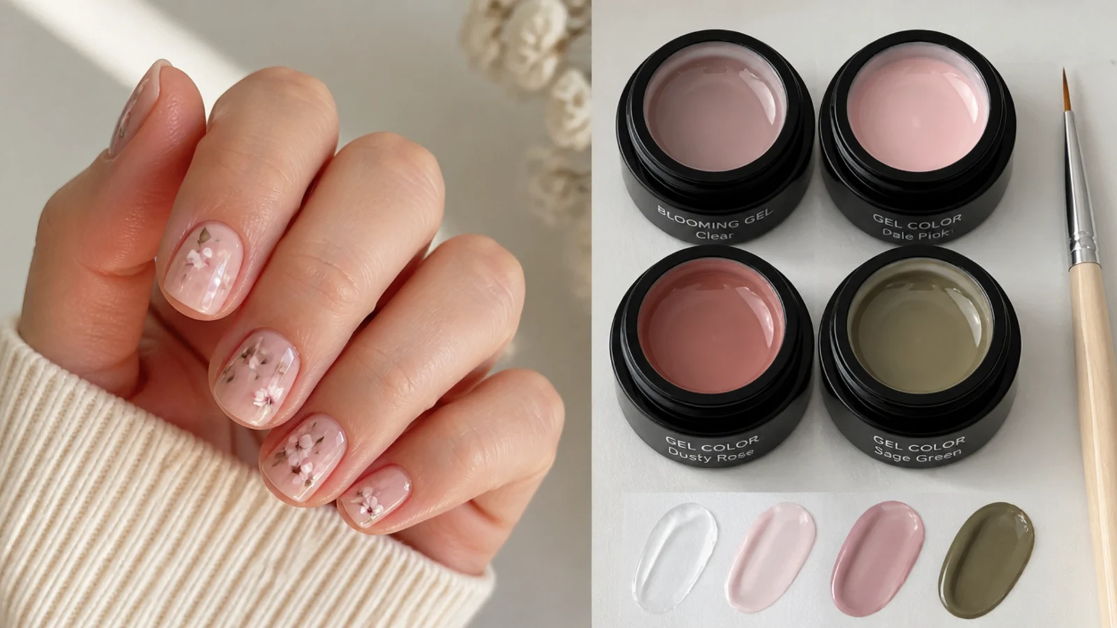 Blooming gel, gel colors and a detail brush laid out for short nails