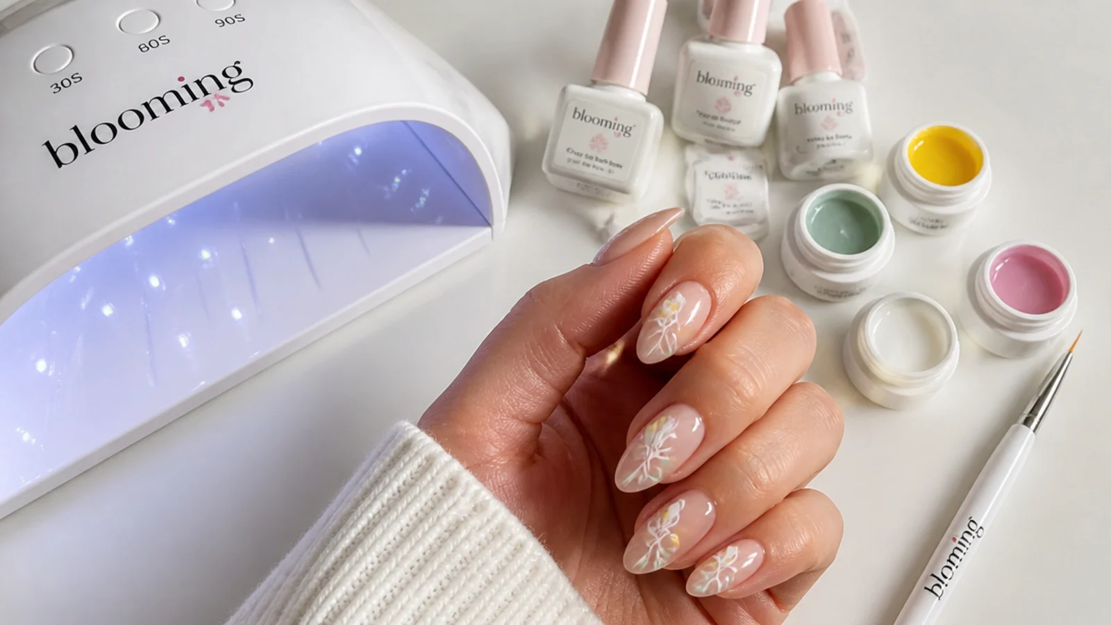 Blooming gel supplies including lamp, gel colors and a liner brush