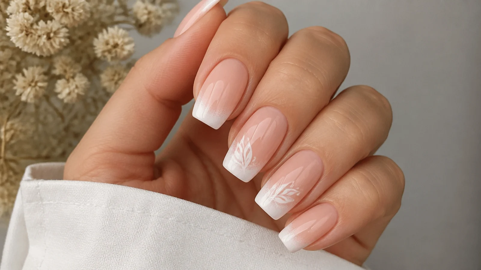 White blooming gel French tip nails with a soft diffused edge