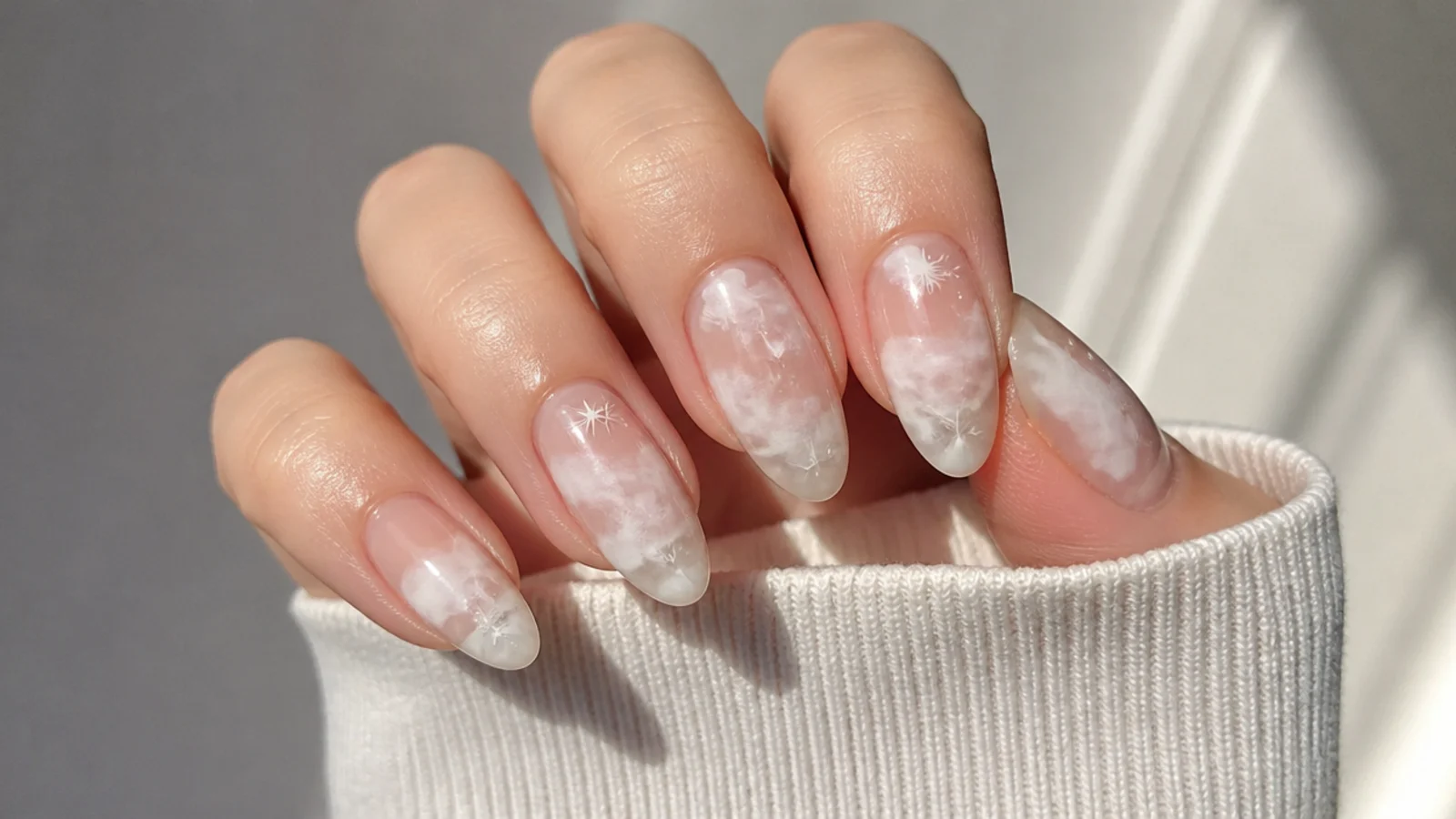 Sheer white cloud blooming gel nails on a clear base