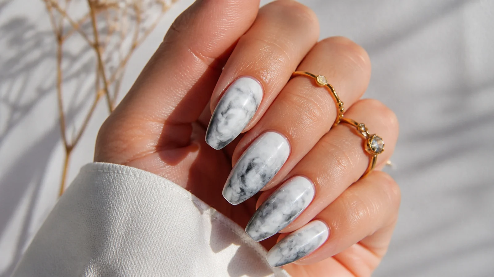 White and gray tie-dye swirl blooming gel nails