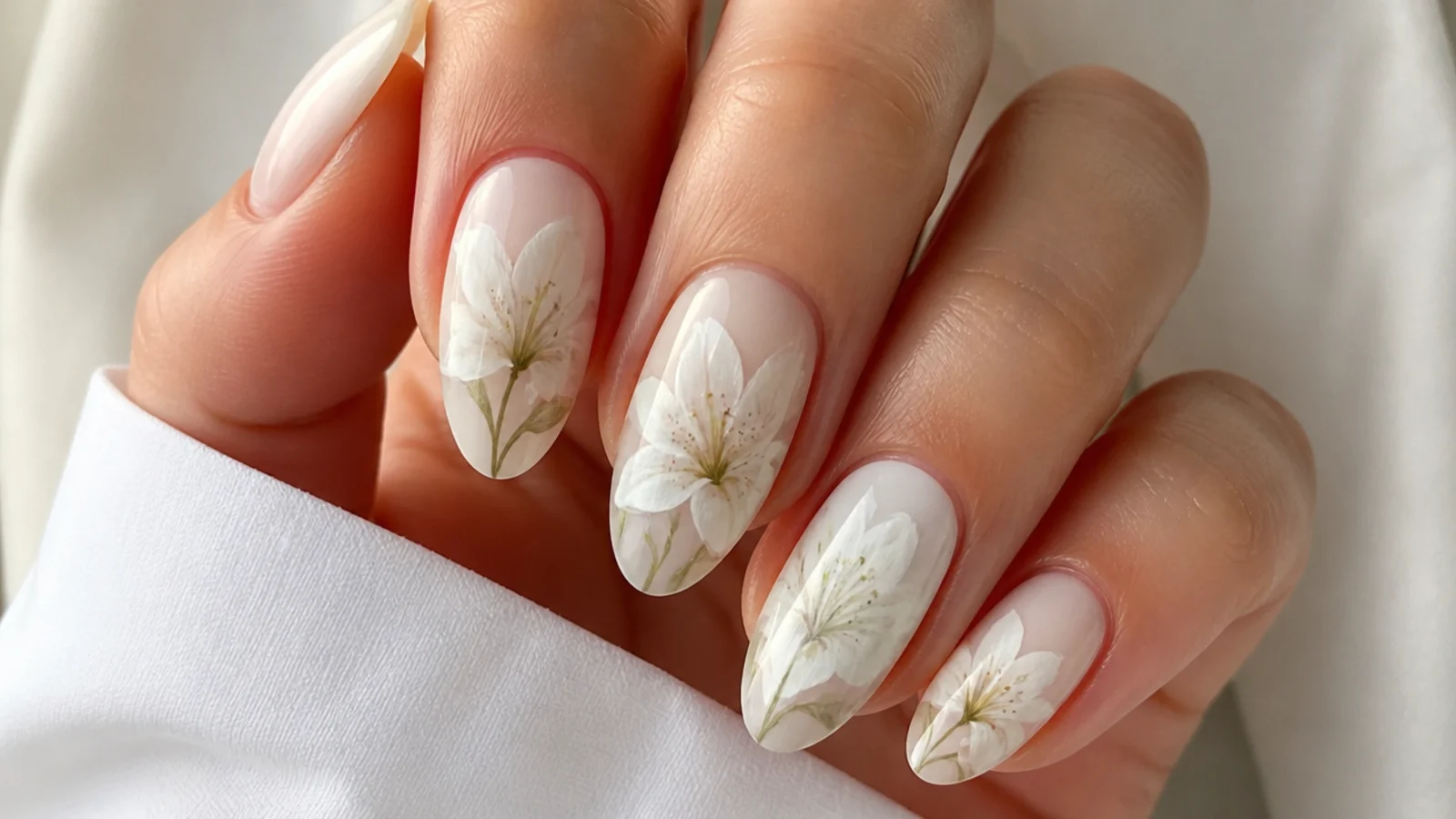 White lily flower blooming gel nails with fine centers