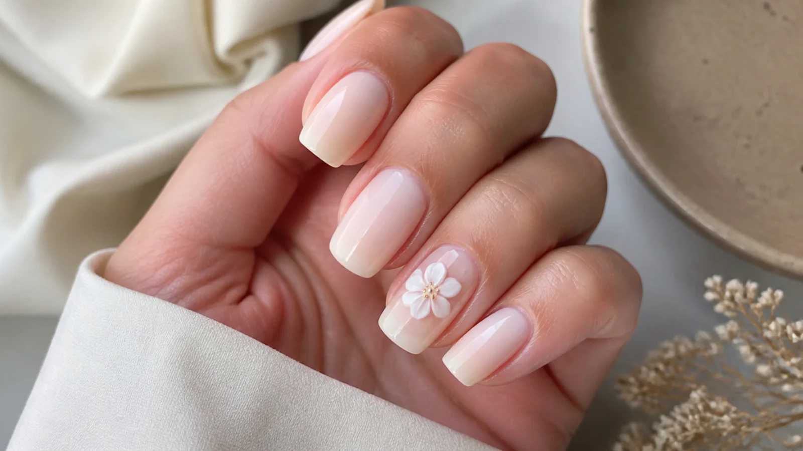Clean milky nails with one white blooming gel accent nail