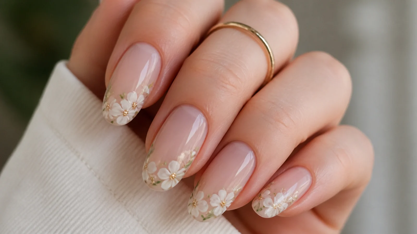 White blossom blooming gel nails clustered near the tips