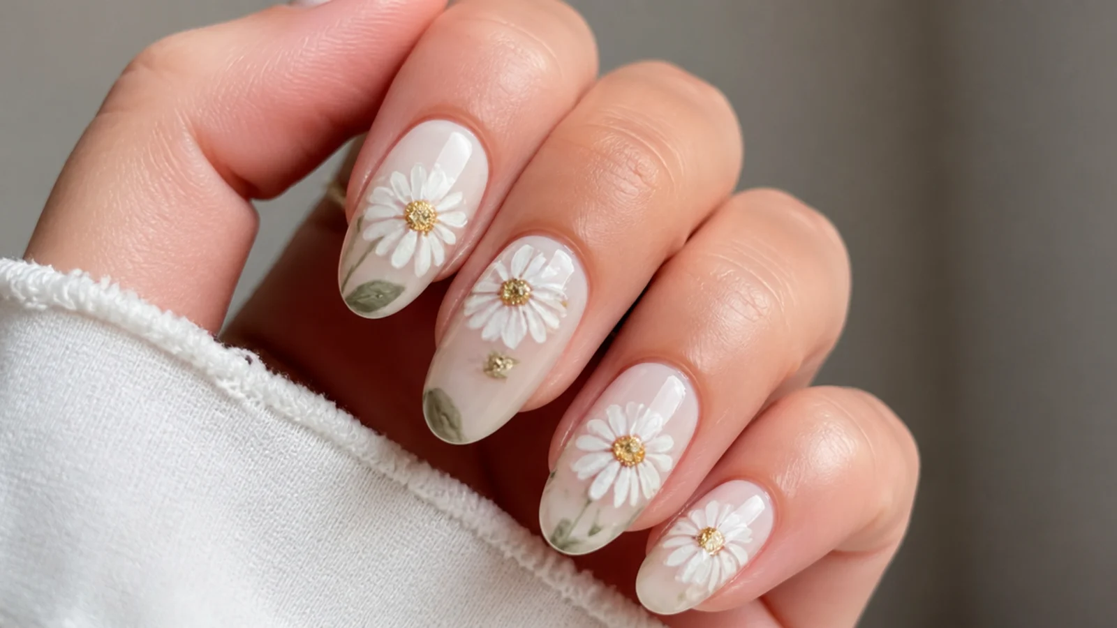 White watercolor daisy blooming gel nails with soft petals