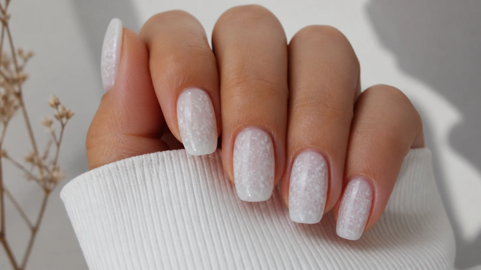 Snowy speckled white diffusion blooming gel nails