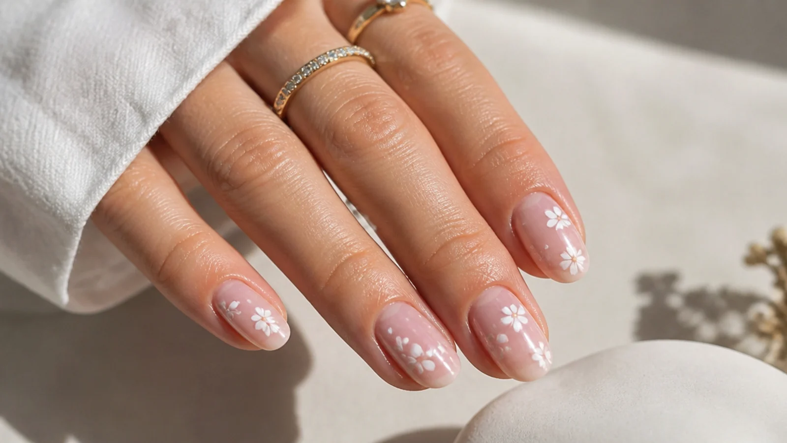 Short almond nails with a small white blooming gel design