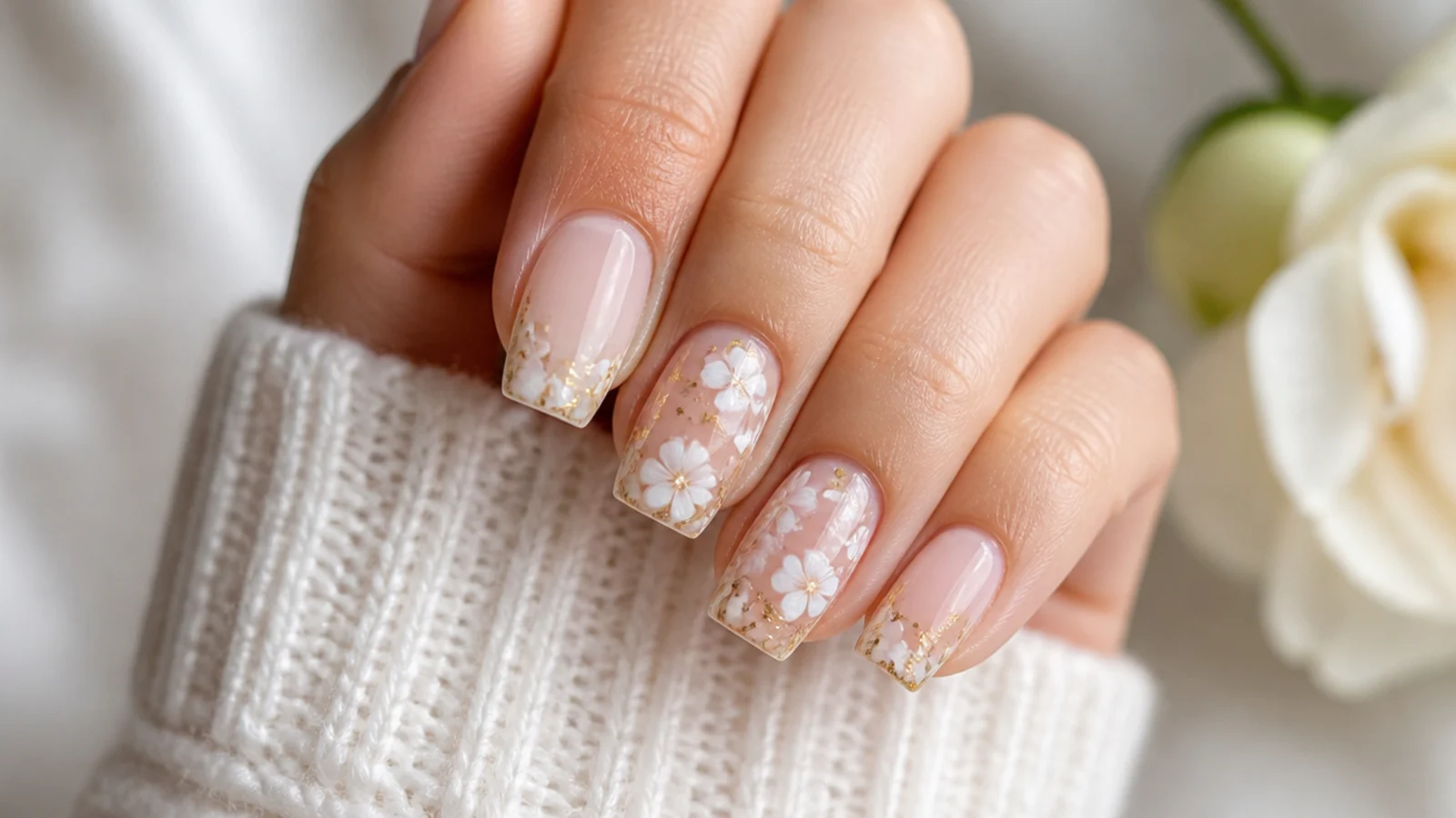 White blooming gel nails with delicate gold flake accents