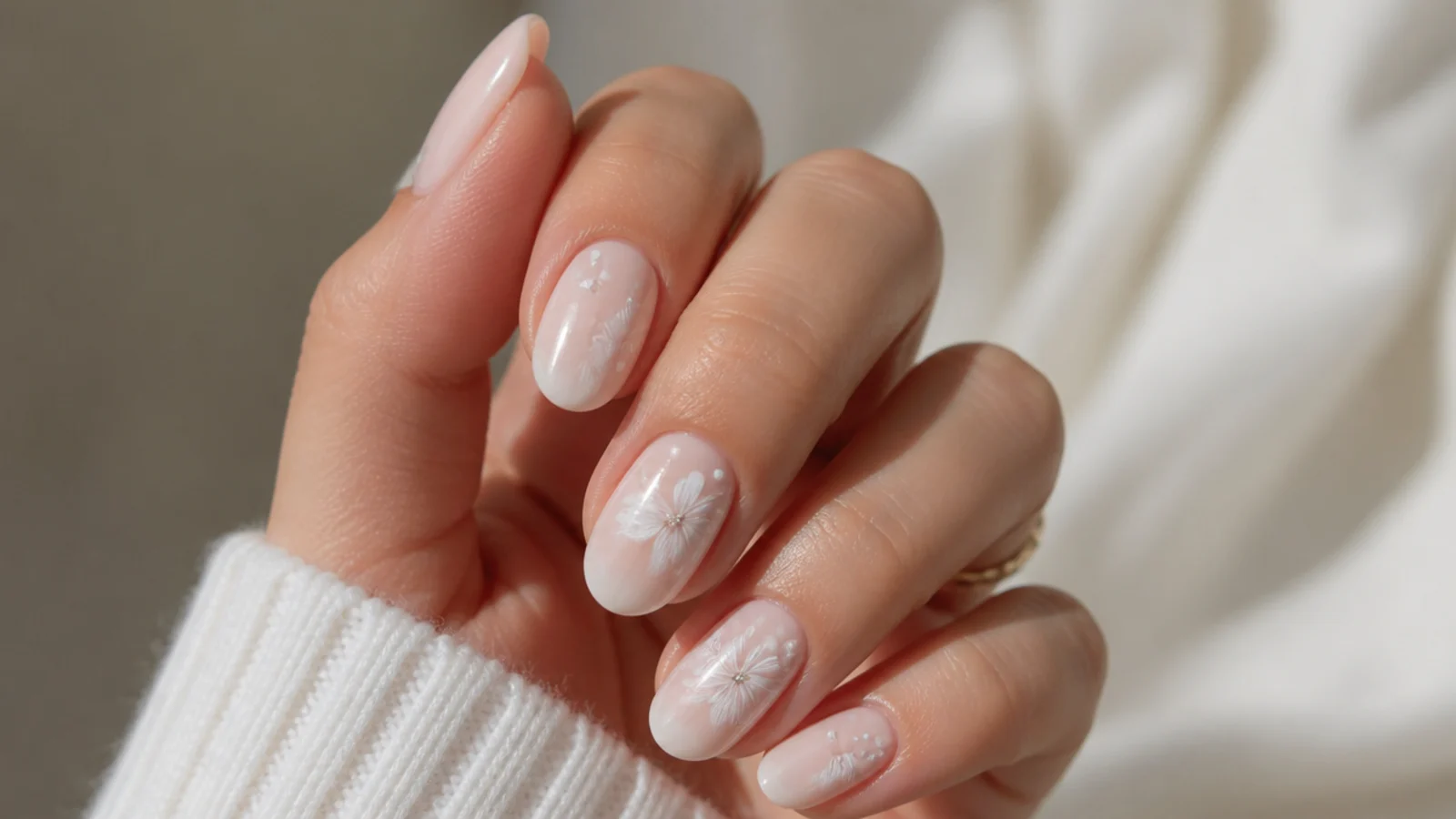 Soft bridal white blooming gel nails with subtle sheen