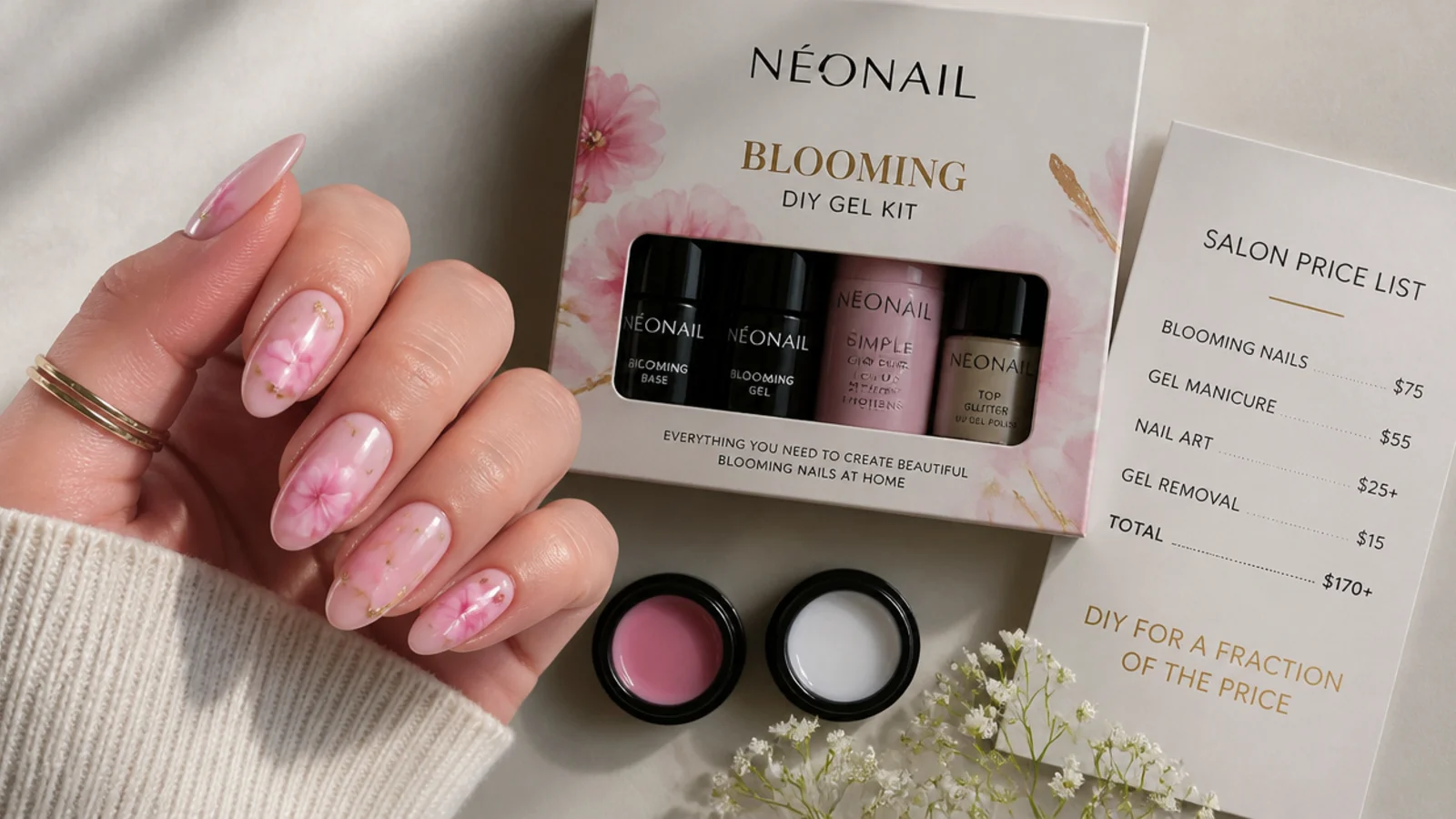 A DIY blooming gel kit next to a salon price card on a plain surface