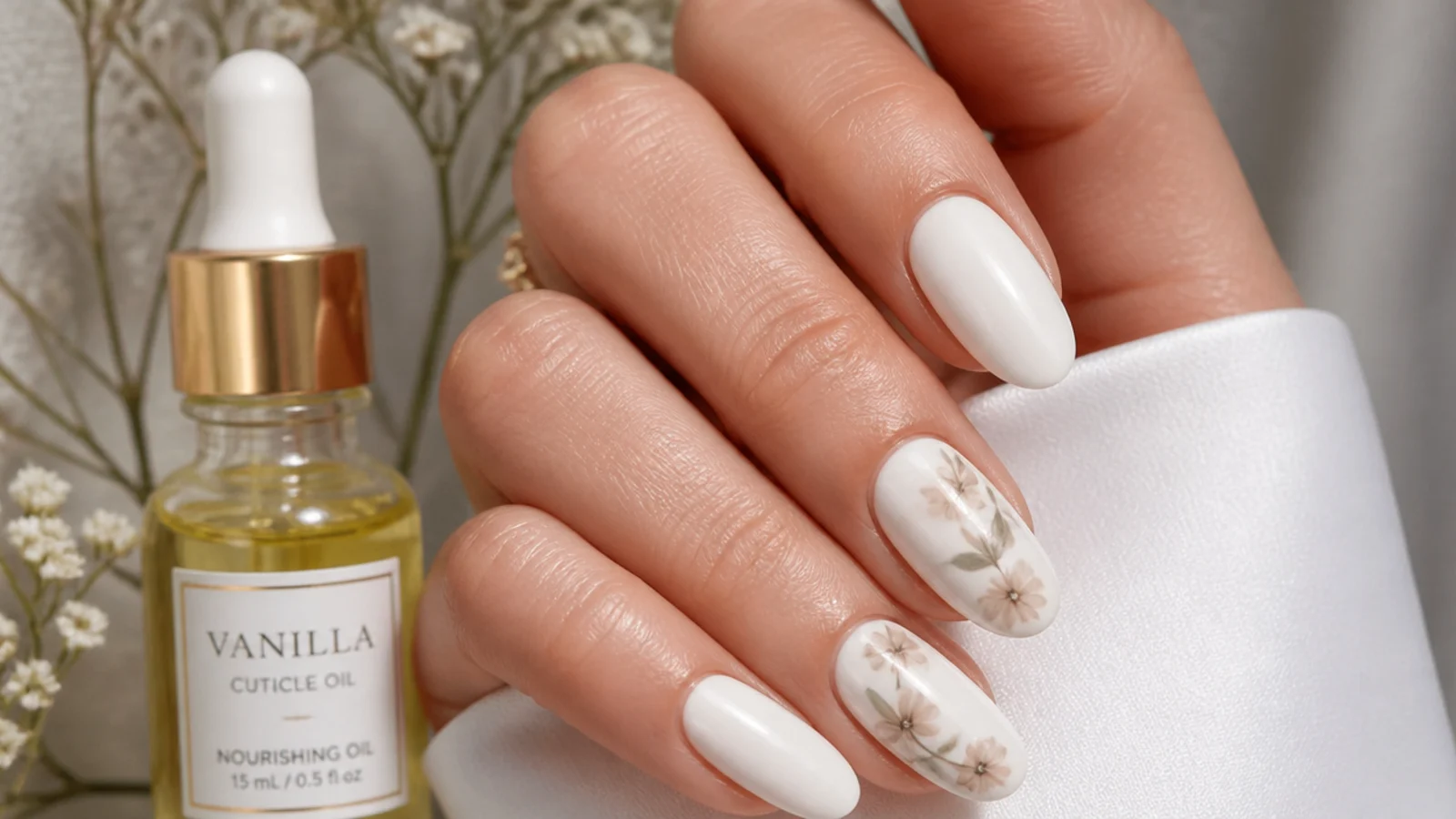 Cuticle oil beside clean white blooming gel nails