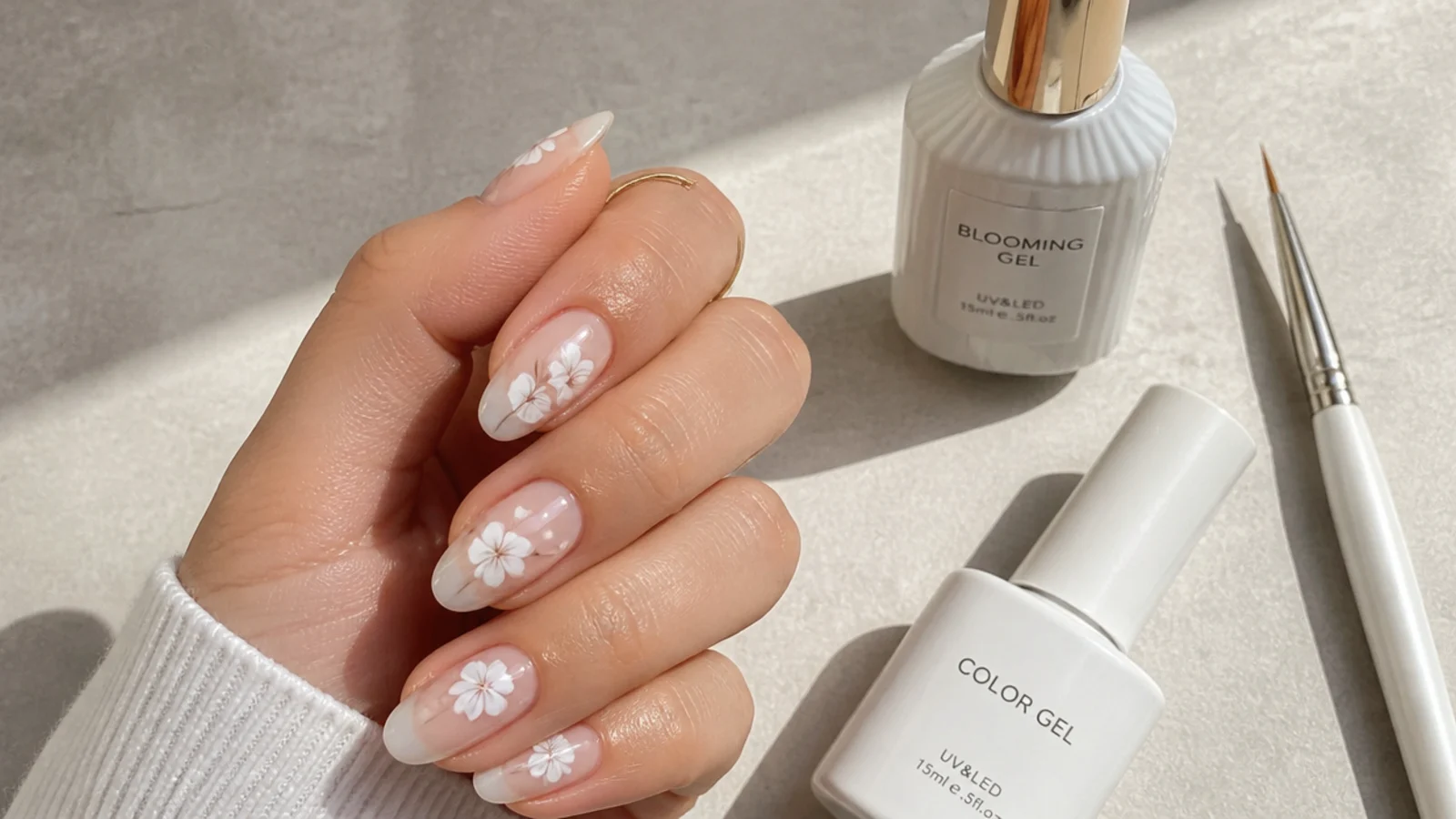 Blooming gel, white gel polish and a liner brush laid out on a plain surface